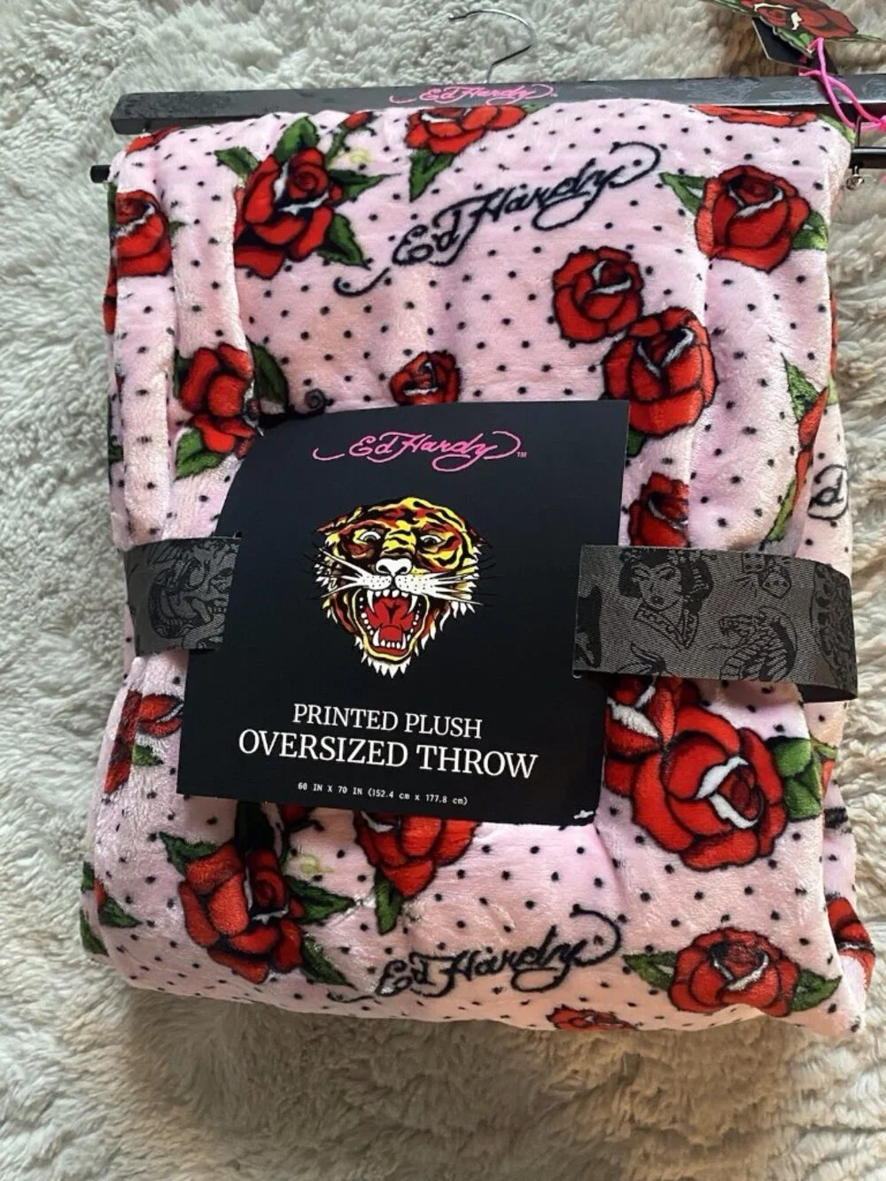 Ed Hardy Pink Plush Oversized Throw Blanket 60” X 70” Roses Polka Dots Tattoo